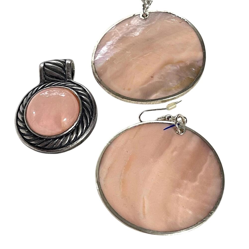 Vintage Pink Stone Pendant & Earrings Set Silver Tone Fashion Jewelry
